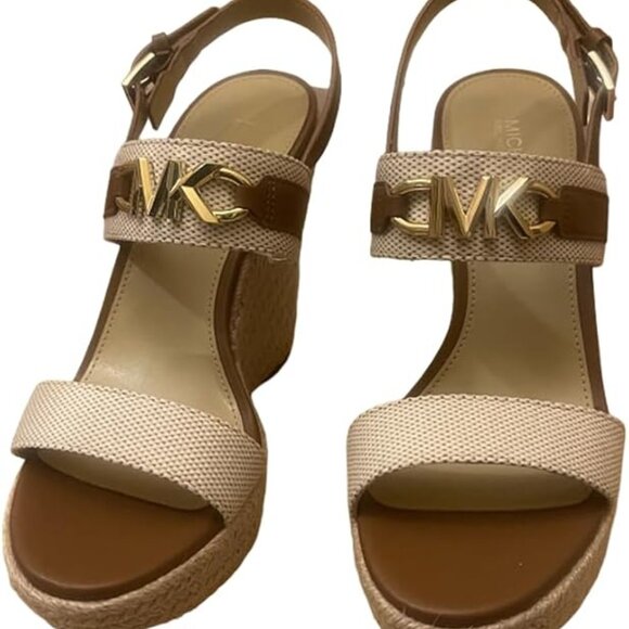 Michael Kors Reed Canvas Wedge MK Logo Two Tone Sandals Luggage - Picture 1 of 3